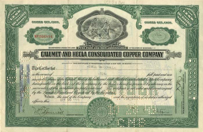 Calumet Hecla Consolidated Copper Co Dated Oct. 29, 1929 - Stock Certificate